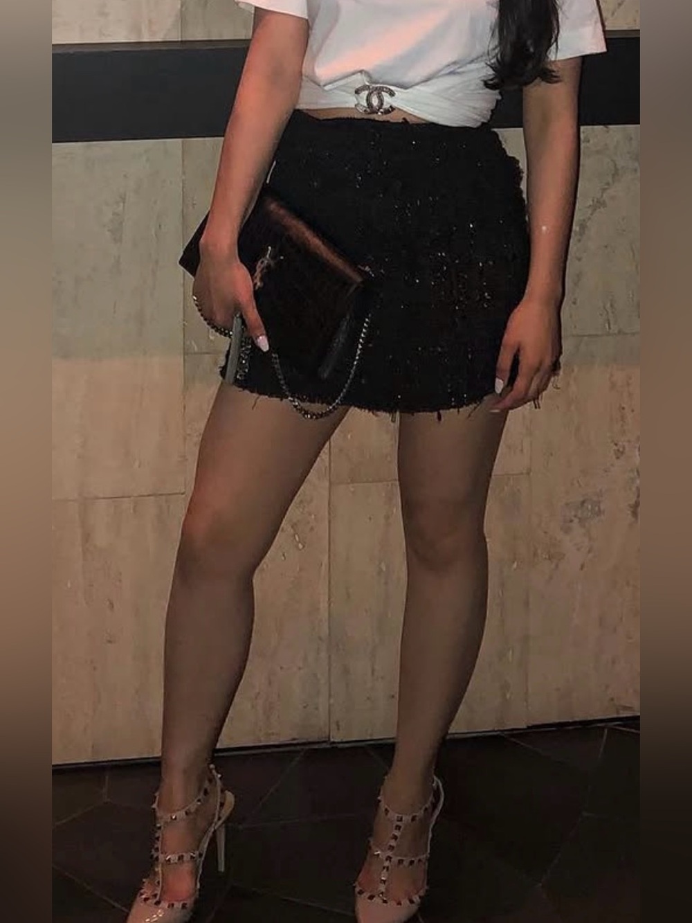 Astr Black Textured Tweed skort with Metallic Detail